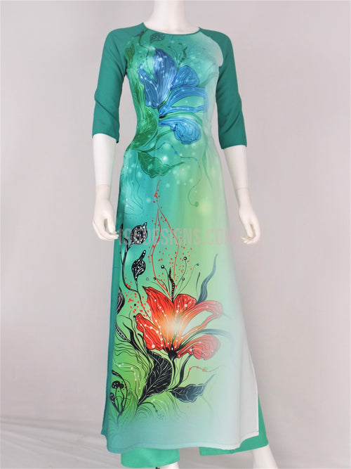 Áo Dài Lụa Giản Màu Xanh In Hoa | Green Ao Dai Vietnamese