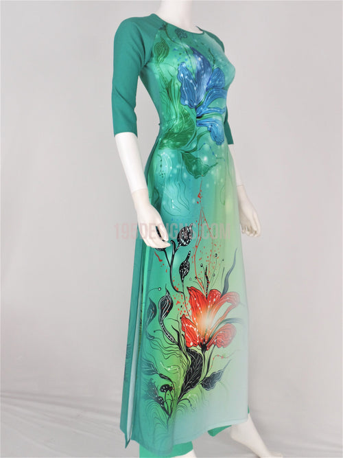 Áo Dài Lụa Giản Màu Xanh In Hoa | Green Ao Dai Vietnamese