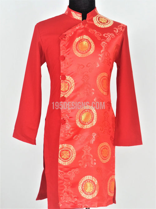 Red Ao Dai Men -  Áo Dài Nam Gấm Đỏ Pha