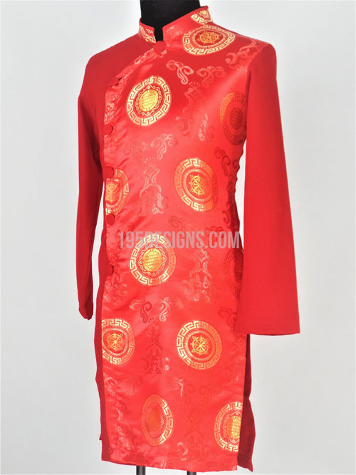 Red Ao Dai Men -  Áo Dài Nam Gấm Đỏ Pha
