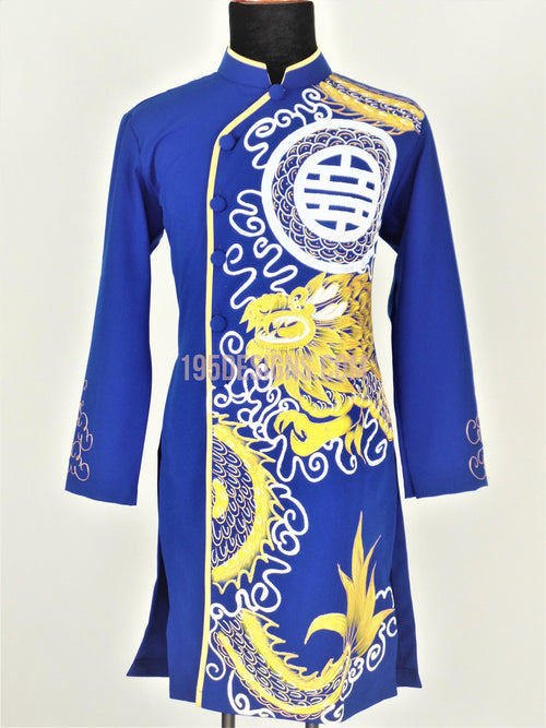 Blue Ao Dai Men -  Áo Dài Xanh Nam Vẽ Rồng Vải Co Giản Nhẹ