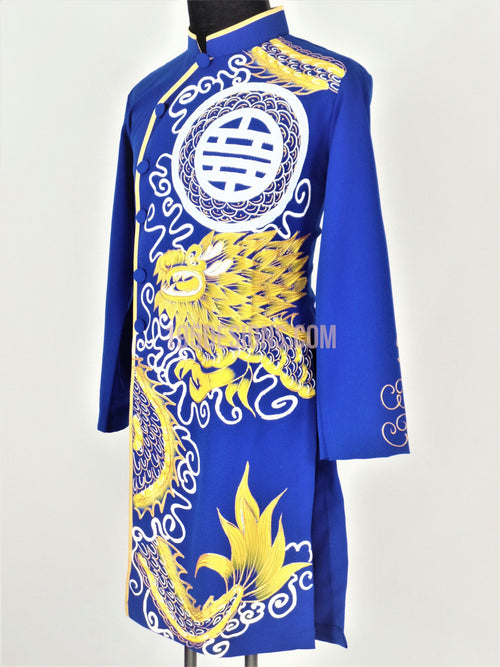 Blue Ao Dai Men -  Áo Dài Xanh Nam Vẽ Rồng Vải Co Giản Nhẹ
