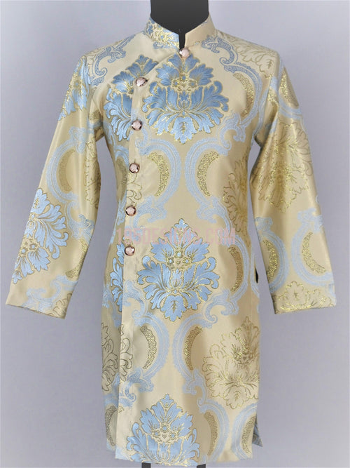 Gold and Blue Ao Dai Men -  Áo Dài Nam Gấm Vàng Xanh