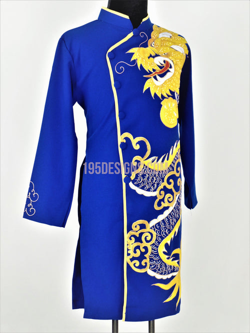 Blue Ao Dai Men -  Áo Dài Xanh Nam Vẽ Rồng Vải Co Giản Nhẹ