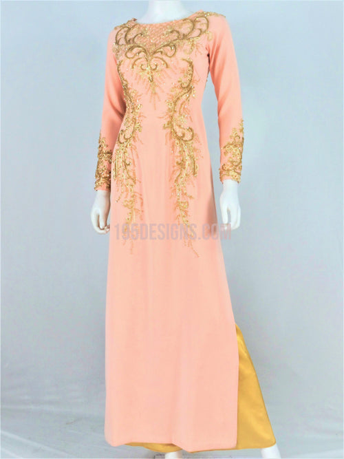 Áo Dài Hồng Dâu Kết Đá Gold | Peach AO DAI  Crystal