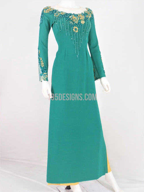 Green Ao Dai Crystal Vietnamese Long Dress / Áo Dài Xanh Đính Đá Cườm
