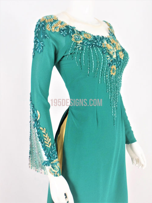Green Ao Dai Crystal Vietnamese Long Dress / Áo Dài Xanh Đính Đá Cườm