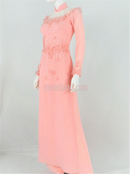 Pink Ao Dai Crystal Vietnamese Long Dress / Áo Dài Hồng Đính Hoa 3D