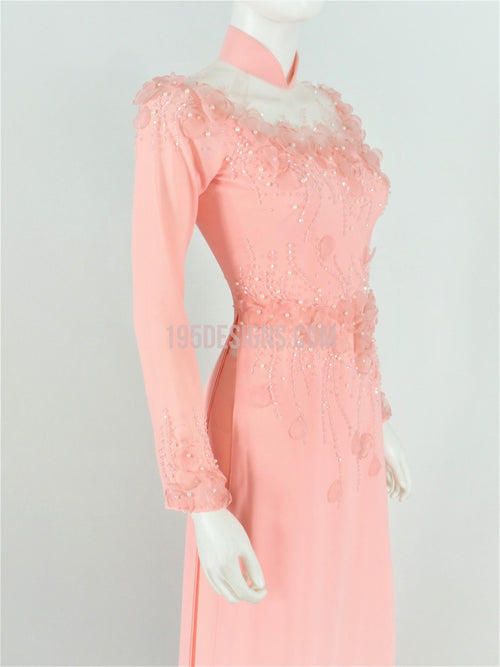 Pink Ao Dai Crystal Vietnamese Long Dress / Áo Dài Hồng Đính Hoa 3D