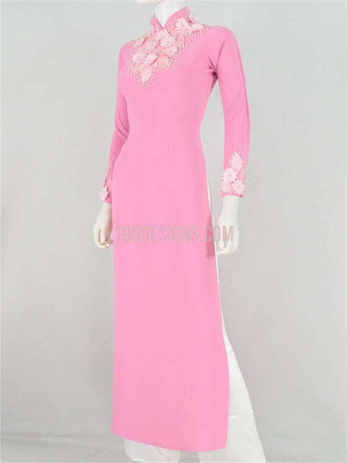 Pink Ao Dai Crystal Vietnamese Long Dress / Áo Dài Hồng Đính Hoa 3D