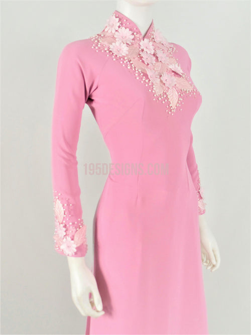Pink Ao Dai Crystal Vietnamese Long Dress / Áo Dài Hồng Đính Hoa 3D