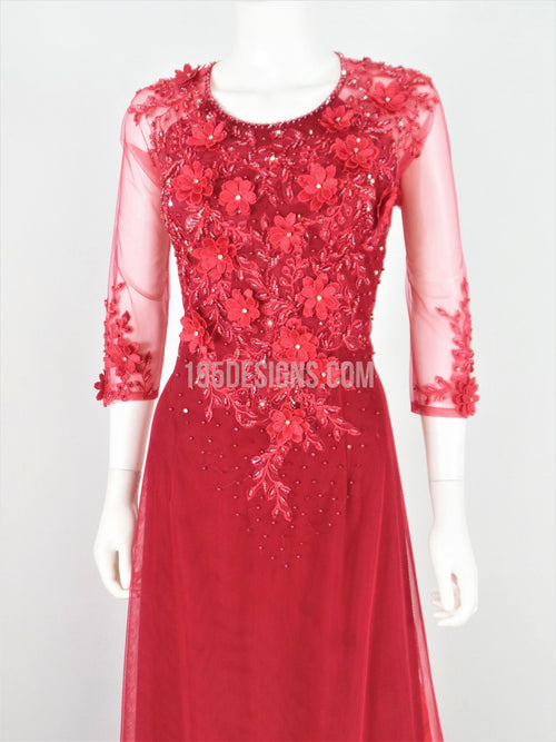 Red Ao Dai Crystal Vietnamese Long Dress / Áo Dài Đỏ Đính Đá Cườm