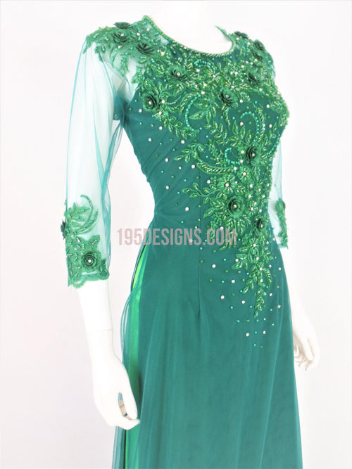 Green Ao Dai Crystal Vietnamese Long Dress / Áo Dài Xanh Đính Đá Cườm