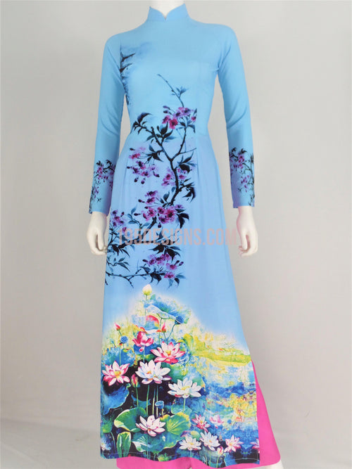 Áo Dài Lụa Giản Màu Xanh In Hoa | Blue Ao Dai Vietnamese