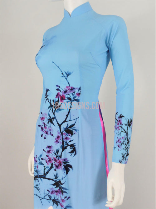 Áo Dài Lụa Giản Màu Xanh In Hoa | Blue Ao Dai Vietnamese