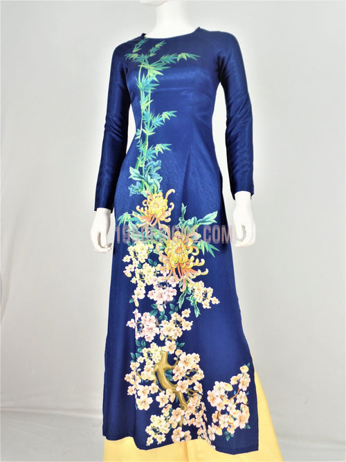 Áo Dài Gấm Vân Gỗ  Màu Xanh In Hoa | Blue Ao Dai Vietnamese