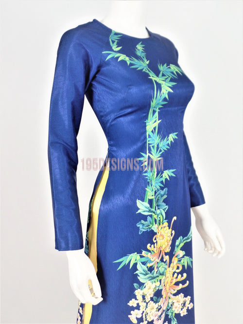 Áo Dài Gấm Vân Gỗ  Màu Xanh In Hoa | Blue Ao Dai Vietnamese