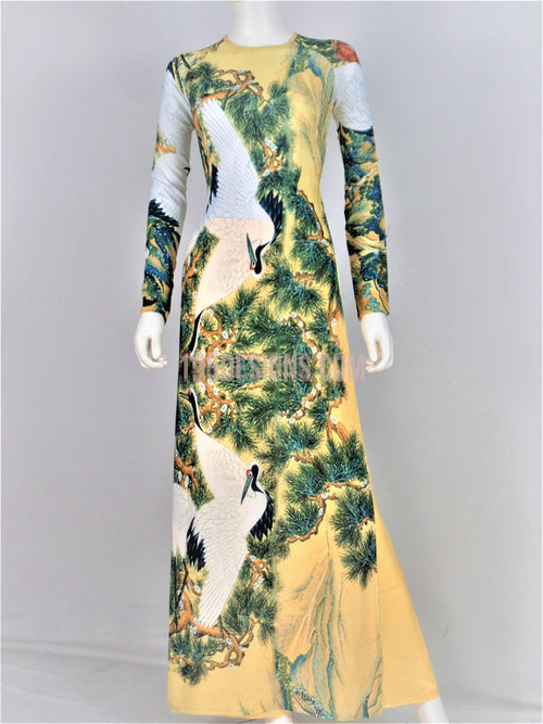 Áo Dài Lụa Xốp Vàng In 3d Cảnh Sắc | Gold Ao Dai Vietnamese