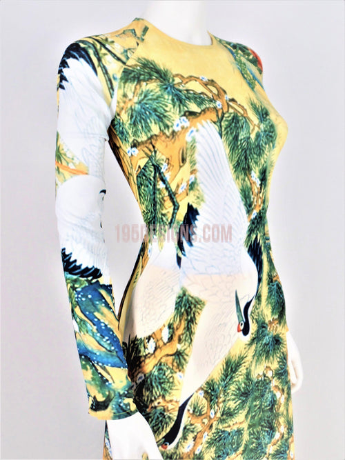 Áo Dài Lụa Xốp Vàng In 3d Cảnh Sắc | Gold Ao Dai Vietnamese