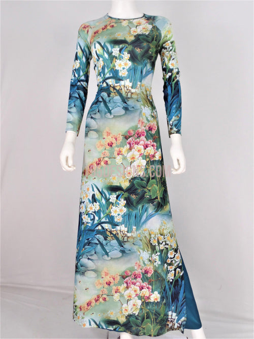 Áo Dài Lụa Giản Màu Xanh In Hoa | Blue Ao Dai Vietnamese