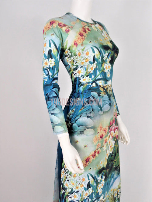 Áo Dài Lụa Giản Màu Xanh In Hoa | Blue Ao Dai Vietnamese