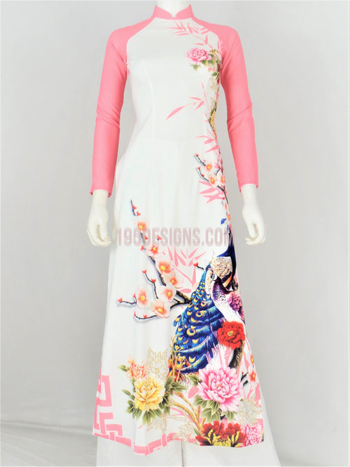 Áo Dài Lụa Giản Hồng Phấn In Hoa | Light Pink Ao Dai Vietnamese
