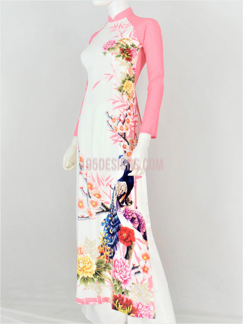 Áo Dài Lụa Giản Hồng Phấn In Hoa | Light Pink Ao Dai Vietnamese
