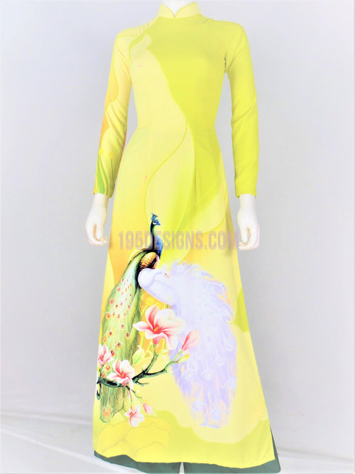 Áo Dài Lụa Giản Vàng In Hoa | Yellow Ao Dai Vietnamese