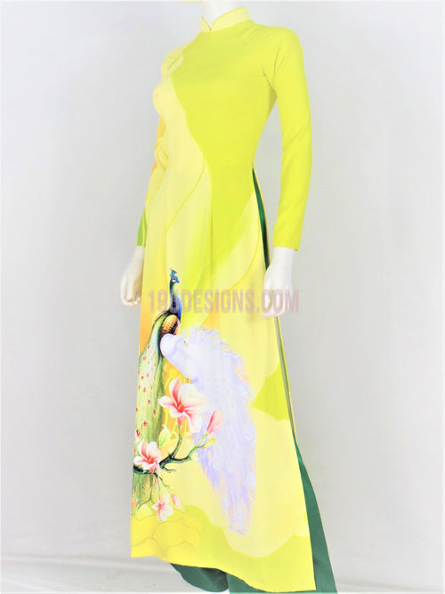 Áo Dài Lụa Giản Vàng In Hoa | Yellow Ao Dai Vietnamese