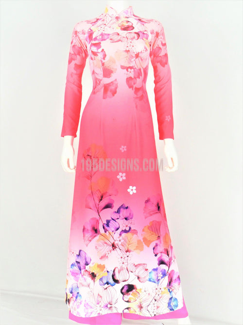 Áo Dài Lụa Giản Hồng In Hoa | Pink Ao Dai Vietnamese