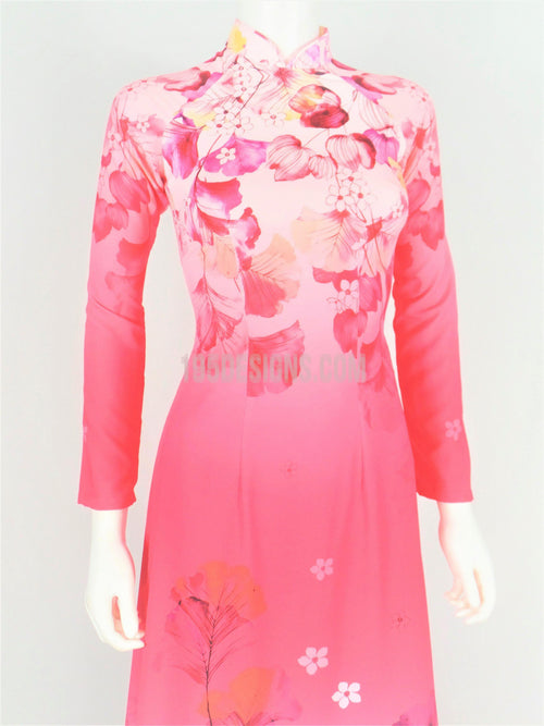 Áo Dài Lụa Giản Hồng In Hoa | Pink Ao Dai Vietnamese