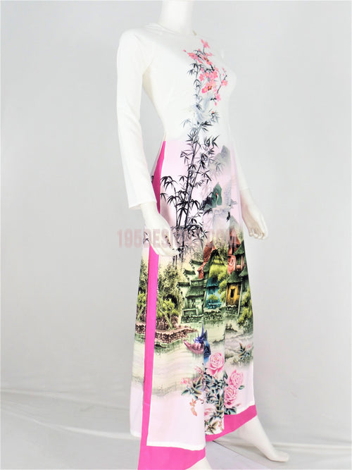 Áo Dài Lụa Giản Trắng In Hoa | White Ao Dai Vietnamese