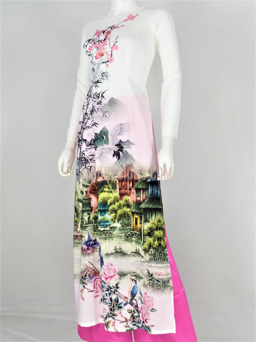 Áo Dài Lụa Giản Trắng In Hoa | White Ao Dai Vietnamese