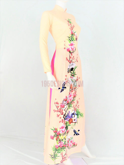 Áo Dài Lụa Giản Màu Kem In Hoa | Ao Dai Vietnamese