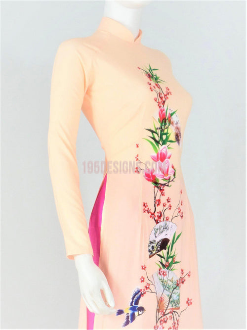 Áo Dài Lụa Giản Màu Kem In Hoa | Ao Dai Vietnamese