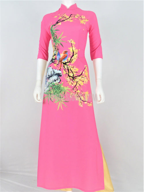 Áo Dài Lụa Giản Hồng In Hoa | Hot Pink Ao Dai Vietnamese