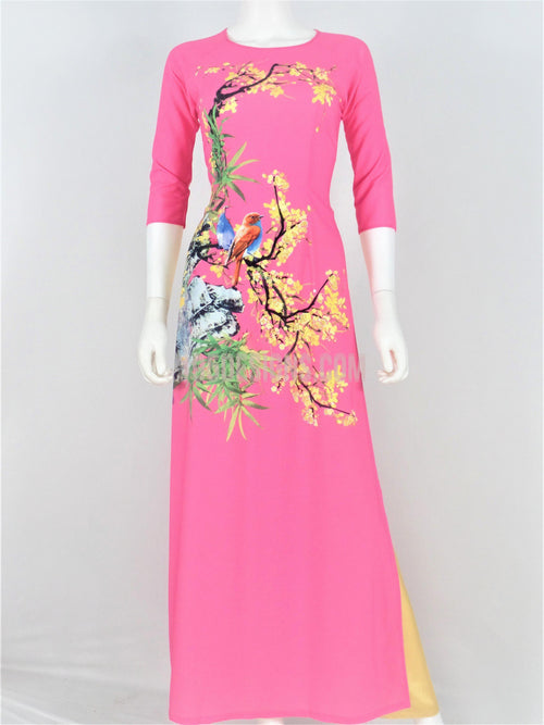 Áo Dài Lụa Giản Hồng In Hoa | Hot Pink Ao Dai Vietnamese