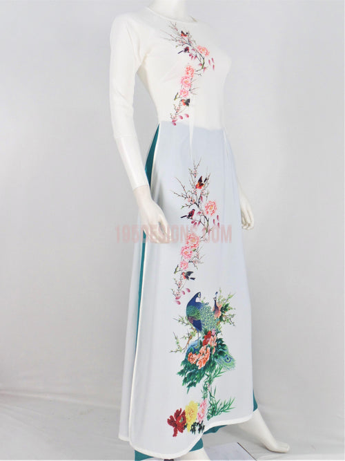 Áo Dài Lụa Giản Trắng In Hoa | White Ao Dai Vietnamese