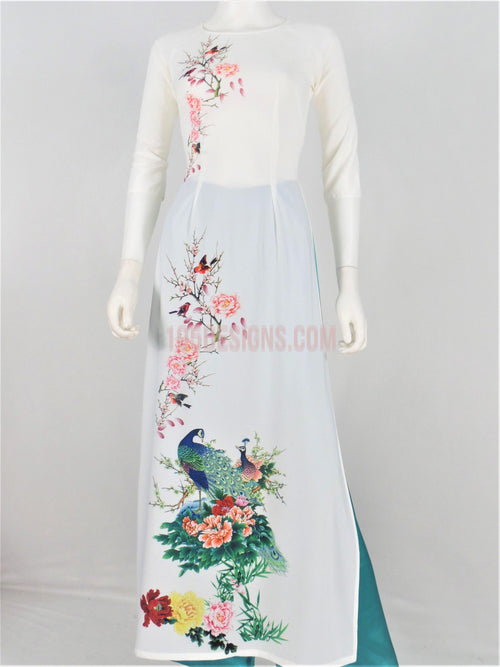 Áo Dài Lụa Giản Trắng In Hoa | White Ao Dai Vietnamese
