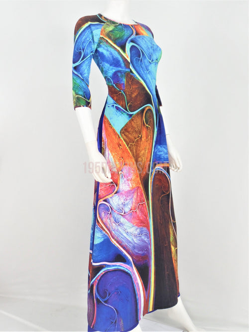 Áo Dài Lụa Giản Màu Xanh Phối Màu | Stretchable Silk Multi Color Blue Ao Dai Vietnamese