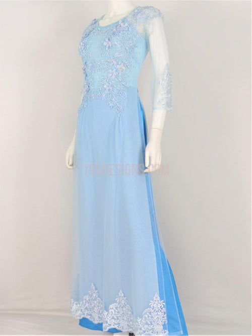 Light Blue Ao Dai Crystal Vietnamese Long Dress / Áo Dài Xanh Lợt Đính Đá Cườm