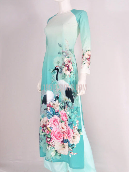 Áo Dài Lụa Giản Xanh In Phong Cảnh | Blue Ao Dai Vietnamese