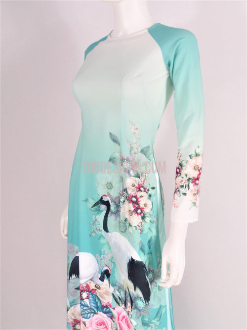 Áo Dài Lụa Giản Xanh In Phong Cảnh | Blue Ao Dai Vietnamese