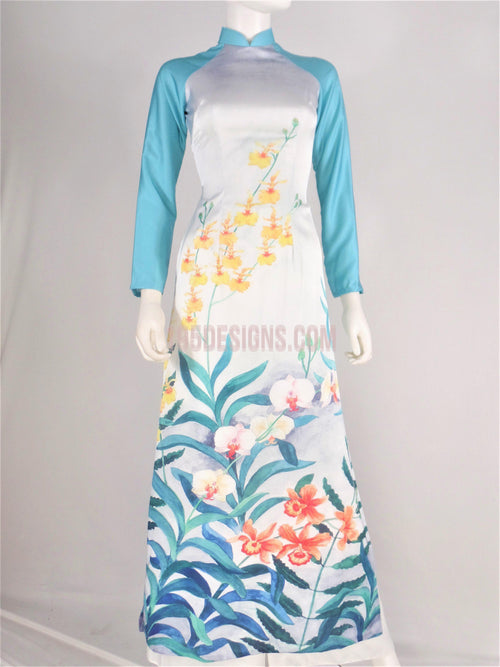 Áo Dài Lụa Giản Xanh In Hoa Xuân | Blue Ao Dai Vietnamese