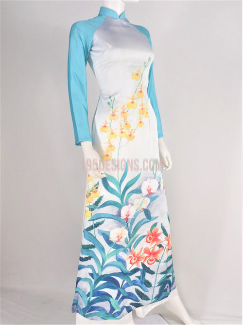 Áo Dài Lụa Giản Xanh In Hoa Xuân | Blue Ao Dai Vietnamese