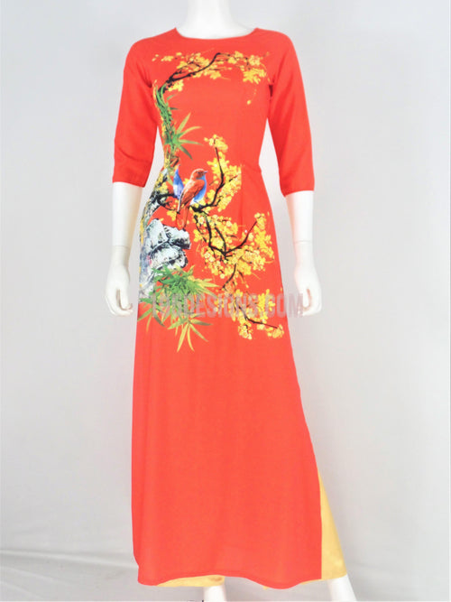 Áo Dài Lụa Giản Đỏ In Hoa | Red Ao Dai Vietnamese