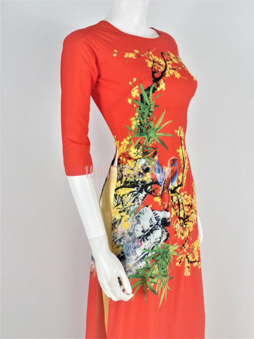Áo Dài Lụa Giản Đỏ In Hoa | Red Ao Dai Vietnamese
