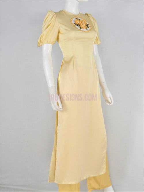 Áo Dài Lụa Giản Màu Kem Kết Hoa Tay Phồng | Ao Dai Vietnamese
