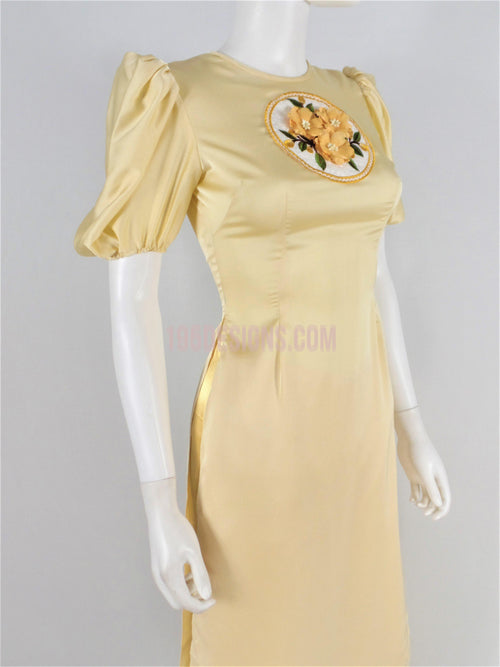 Áo Dài Lụa Giản Màu Kem Kết Hoa Tay Phồng | Ao Dai Vietnamese