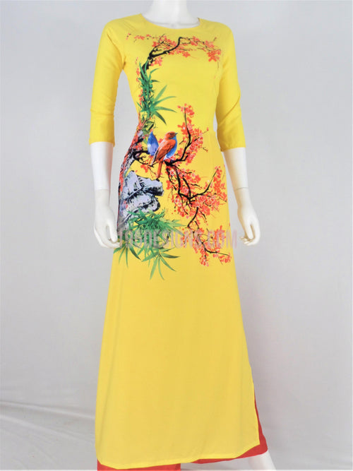 Áo Dài Lụa Giản Vàng In Hoa | Yellow Ao Dai Vietnamese
